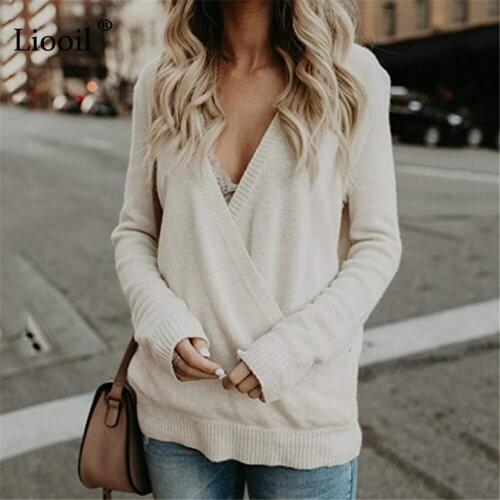 Liooil Sexy Plus Size Knit Sweater Women 2020 Long Sleeve Deep V Neck Casual Female Autumn Winter Oversize Pullovers And Blouse