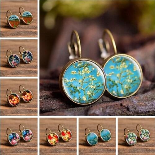 Van Gogh Sunflower Stud Earrings Glass Cabochon Fashion Bronze Jewelry Findings Simple Style Flower Earrings Girl Women Gifts