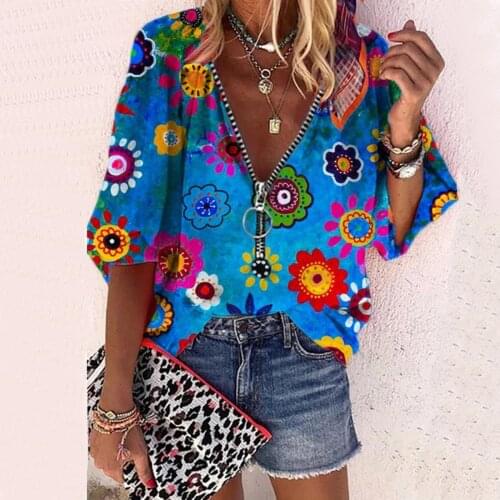 Blue Shirts Floral Print Clothes For Ladies Blusas De Mujer 2021 Fashion Womens V-neck Middle Sleeves Loose Shirts Blouse Tops