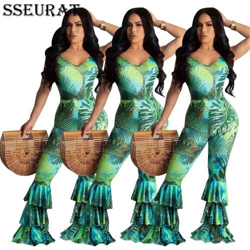 SSEURAT Women Jumpsuit Print Sleeveless Strap Bandage Backless Strechy Bodycon Flare Jumpsuits Sexy Fashion Outfit Summer 2021