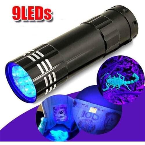 UV LED Flashlight Ultraviolet Torch Zoomable Mini UV Black Light Pet Urine Stains Detector Scorpion Hunting Use 9LED