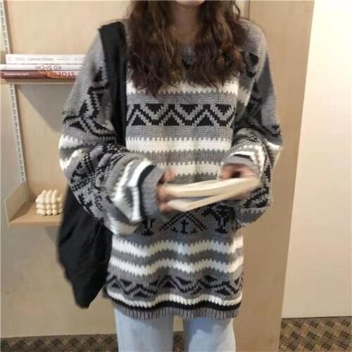 Retro Geometric Winter Spring Loose Sweater Women Pullover O-Neck Jumper Vintage Sweaters Coat Outwear 90s Aesthetic Gothic Punk