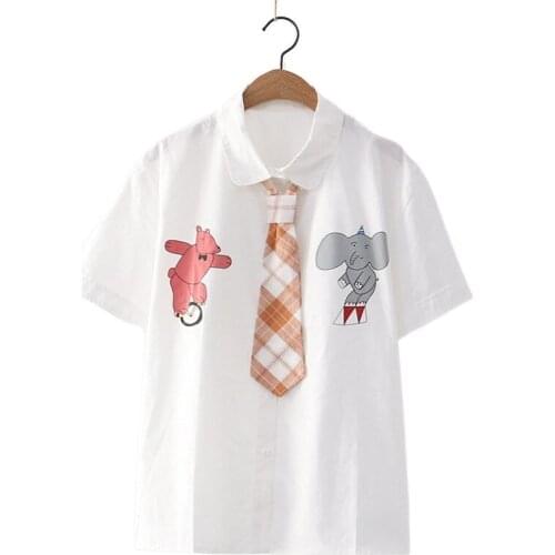 Cartoon Bear Print Single Breasted Casual Tie Shirt Women 2021 Summer Short Sleeve Turndown Collar Preppy Style Girl Graphic Top
