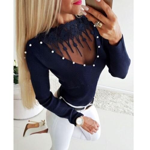 Women Knitted T Shirt Long Sleeve Mesh Patchwork Gray Black Tee Top Slim Fit T-Shirts Womens Fashion Top