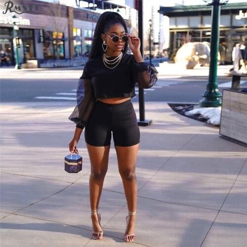 RMSFE 2021 Simple Stitching Mesh Transparent Long Sleeves O-neck Loose Clothes+ Solid Color Buttock Shorts 2 Piece Womens Set