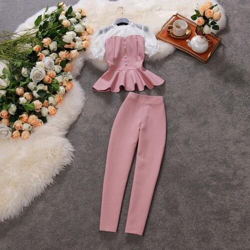 Amolapha Womens Plus Size Clothing Sets Lace Patchwork Ruffles Tops+High Waist Straight Pants Suits Female Outfits