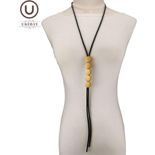UKEBAY New Long Statement Necklace Women Wood Jewelry Wooden Necklaces Black Rubber Sweater Chains Handmade Clothes Accessories