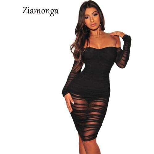 Ziamonga Double Layer Mesh Sexy Party Midi Dress Women Long Sleeve Autumn Strapless Dress Ladies Fold Bodycon Bandage Dresses
