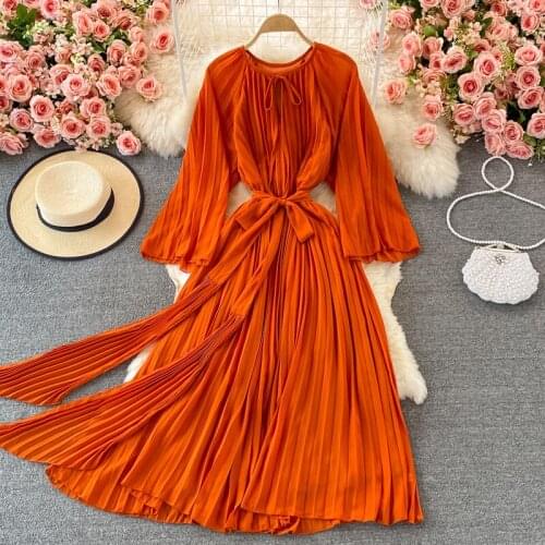 Autumn Red/Orange/Purple Bandage Pleated Dress Elegant O-Neck Long Sleeve High Waist A-Line Draped Vestidos Party Robe 2021 New