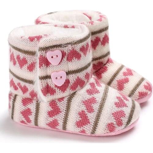 Winter Soft Cotton Knitting Love Heart Buttons Baby Girl Boots Thick Plush Keep Warm Newborn Infant Girls Shoes First Walkers
