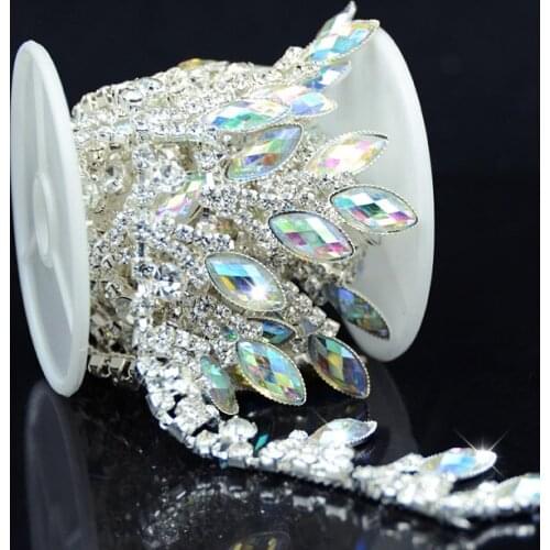 1yds AB Resin Crystal Clear Glass Rhinestone Bridal Trim Fashion Chain Silver