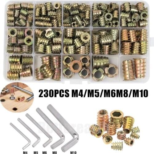 230PCS Assorted Flanged Hex Drive Head Furniture Nuts M4 M6 M8 M10 Zinc alloyl Thread hexagonal wrench Set For Wood Insert Nut
