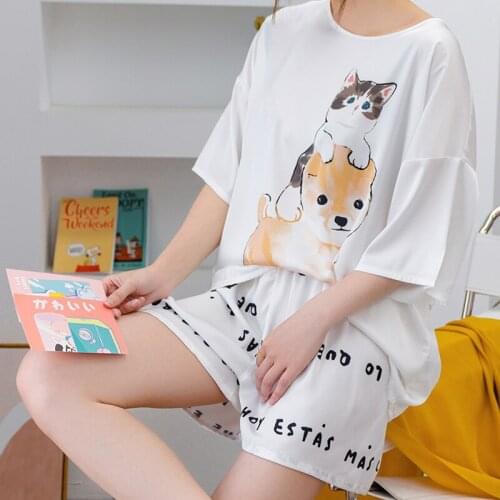 Satin 2 Piece Pajamas Sets Women Summer Silk Nightwear Sleepwear Short Pullover Top Shorts Kawaii Cute Casual Lingerie Homewear