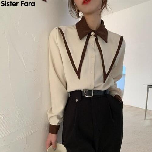 Sister Fara Spring Blouses for Women 2021 Turn-Down Collar Long Sleeve Shirts Woman Tops Fashion Patchwork Office Lady Blusas