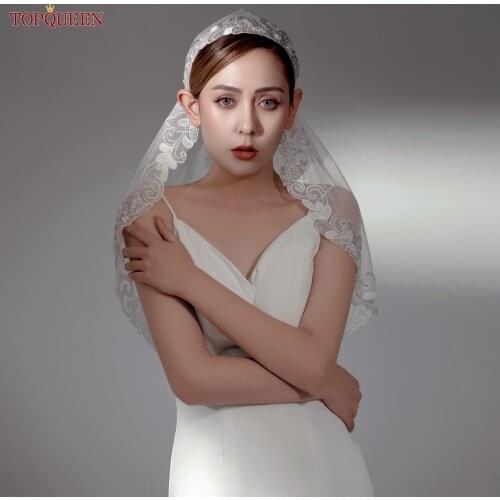 TOPQUEEN V60 Bridal Veils Cover Front and Back Wedding Veils with Lace and Beading Floral French Lace Trim Boho Bride Veil