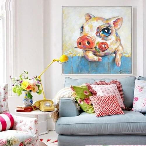 Oil painting new Baby Pig Piggy With Rose Cartoon Animal Wall Art Handmade Oil Painting Child Gift Childrens Room home Decor