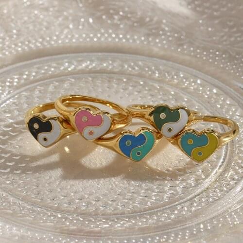 Tarnish Free Ladies Cute Heart Shape Enamel Yingyang Ring Multiple Color Thin Ring Band Stainless Steel Rings For Womem