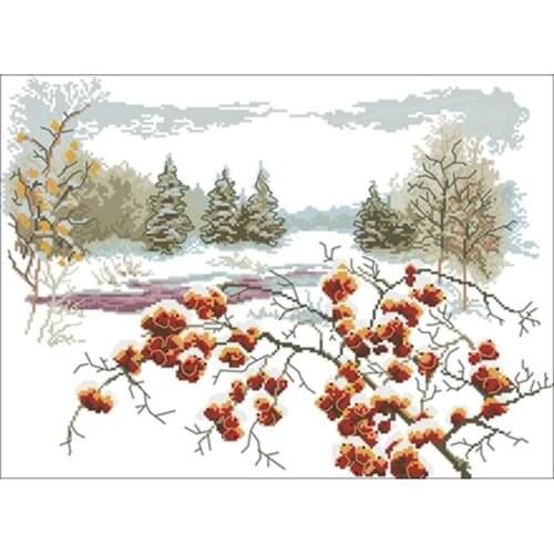 Red currant by the river in winter Counted Chinese Cross Stitch 11CT 14CT 18CT DIY Cross Stitch Kits Embroidery Needlework Sets
