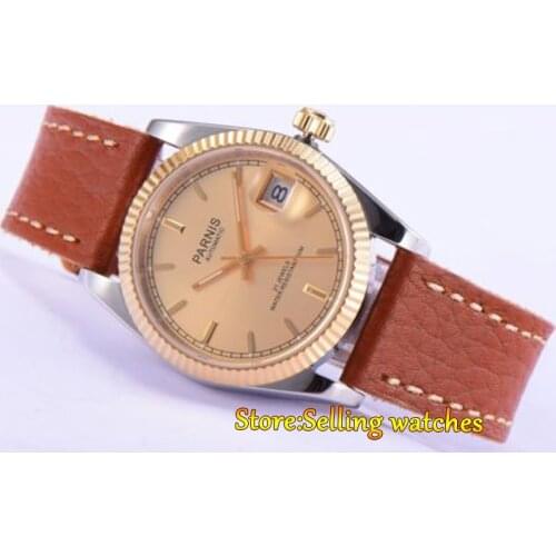 Parnis 36mm gold dial date Luminous sapphire glass leather strap 21 jewels MIYOTA Automatic movement Mens watch