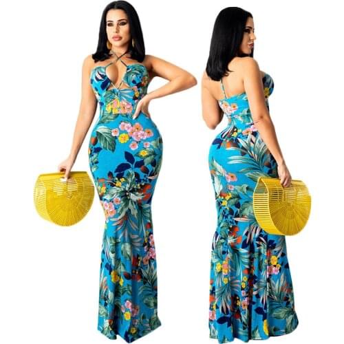 2021 New Printed Hollow Sling Sexy Wrapped Chest Strapless Hanging Neck Lace Dress Long Skirt