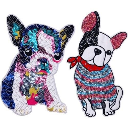 New Animal Big Patch Dog Bulldog Embroidered Sew on Cartoon Patches for Clothes Badge DIY Sequin Applique for T-shirt Stickers