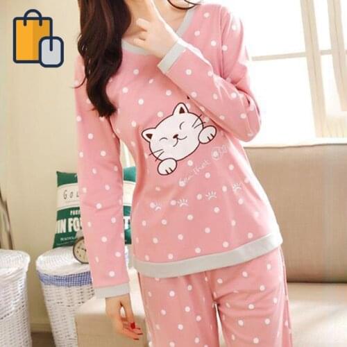 Autumn Winter Cotton Print Womens Pajamas Round Neck Long Sleeve Top Long Pant Pajamas Set Woman Sleepwear Girls Pyjamas Women