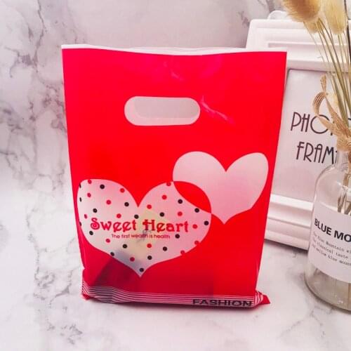 15x20cm Red Double Heart Plastic Gift Bags With Handles 100pcs Plastic Packaging For Mini Jewelry Gift Handle Shopping Pouches