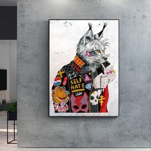 Animal Graffiti Art Smoking Cat Canvas Oil Paintings Wall Art Posters and Prints Wall Pictures for Living Room Home Wall Decor