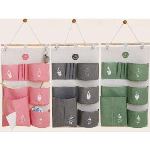 Cotton Linen Wall Hanging Storage Bag Over The Door Organizer 7 Pockets Hanging Storage Bags for Home Bedroom Closet Container