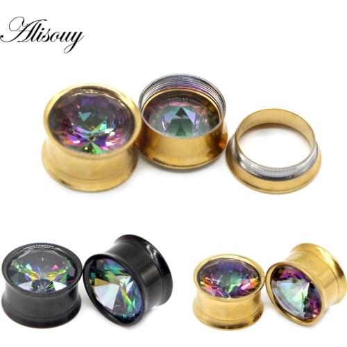 Alisouy 2pc Sugical Steel Gold Black Screw Fit Ear Flesh Tunnel Plug Ear Gauge 8mm-16mm Expander Piercing ear plug Jewelry