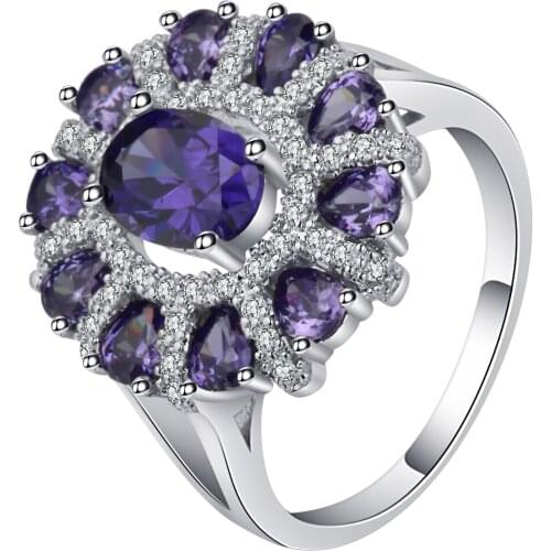 UFOORO female charm purple crystal ring 2017 hot silver color band fashion flower zircon jewelry promise rings for women