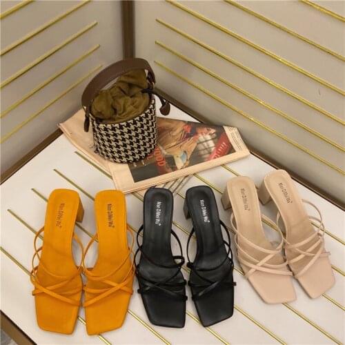 Big Size 41Dress Shoes New High Heel Women Slipper Outdoor Square Toe Slip On Casual Slide Sandal Shoes Ladies Zapatos De Mujer