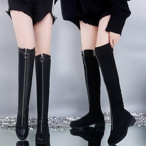 2020 New Autumn Winter Women Boots Ring Front Zipper Women Over Knee Boots Stretch Suede&PU High Heels Woman Shoes Size 35-41