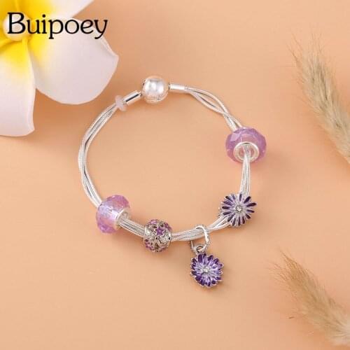 Buipoey Purple Daisy Flower Charm Bracelets For Women Original Crystal Beads Multi Snake Chain Bracelet Fashion Jewelry Gifts