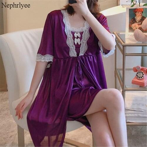 2021 Women 2PCS Robe Set Lace Wedding Robe Gown Sexy Kimono Bathrobe Homewear Female Casual Nightgown Sleepwear Homewear SLP114
