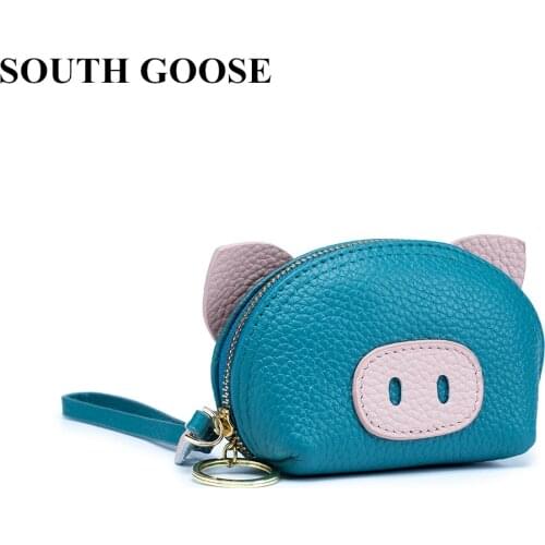 SOUTH GOOSE Women Coin Purse Genuine Leather Cute Wallet Female Organizer Bag Mini Pouch Card Holder with Solid Keychain