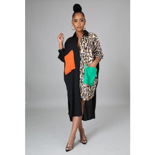 Leopard Print Patchwork Pocket Women Shirt Dress 2021 Autumn Turn-down Collar Single-breasted Asymmetrical Casual Loose Dresses