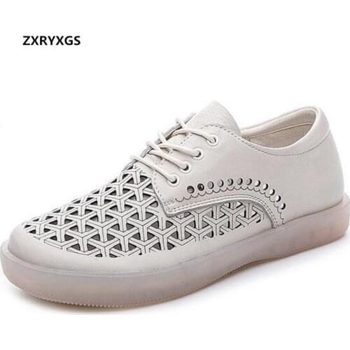ZXRYXGS 100% Genuine Leather Hollow Breathable Sandals Women Flats Shoes Spring Summer Casual Sneakers Soft Comfortable Shoes