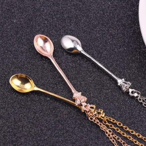 DUTRIEUX 2021 Tiny Tea Spoon Shape Pendant Necklace with Crown for Women 3 Colors Creative Mini Long Link Jewelry Spoon Necklace