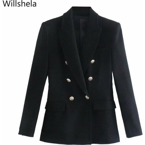2021 Women Fashion With Pockets Double Breasted Solid Blazer Notched Neck Long Sleeve Vintage Female Coats Chic Tops
