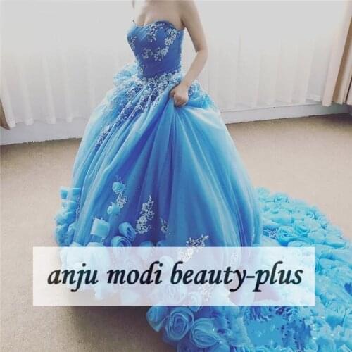 Ball Gown 3D Flowers Prom Dresses Long Strapless Long Train Appliques Formal Evening Party Gowns Robe De Soiree