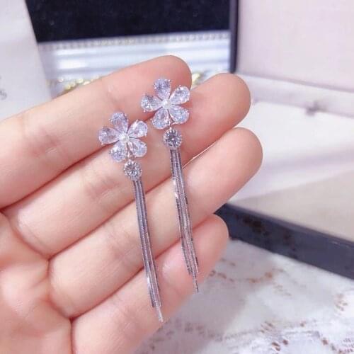 Shine Earrings 925 Sterling Silver Zircon Pearl Personalise Temperament Flower Unique Silver Noble Jewelry Long Tassel Earrings