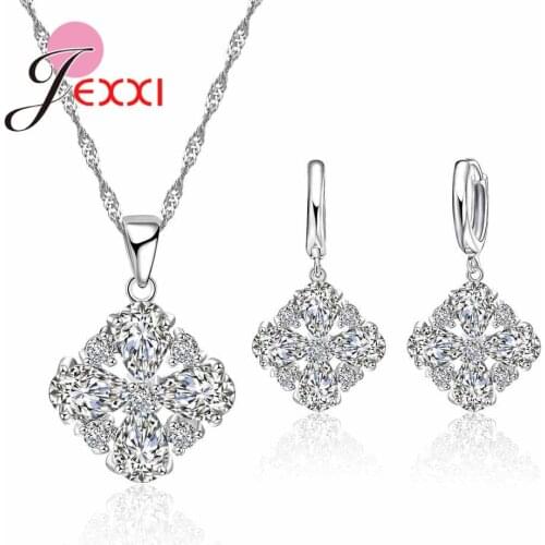 Elegant Women/Girls Gifts Shinning Jewelry Sets 925 Sterling Silver Crystal Pendant Necklace Drop Earring Sets