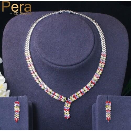 Pera Classic Salix Leaf Colorful Cubic Zirconia Long Dropping Necklace Earring Set for Brides Wedding Party Jewelry Sets J226