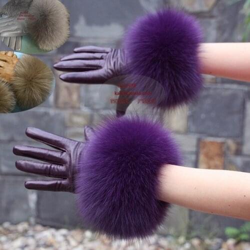 Leather Gloves Lambskin Oversized Fur Gloves Purple Gray Womens Mittens