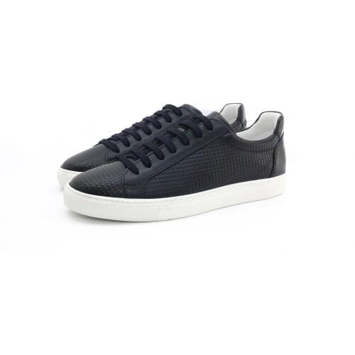 SHENBINS Handmade Sneakers with Dark Navy Blue Embossed Leather, Shenbins Genuine Sport Shoes