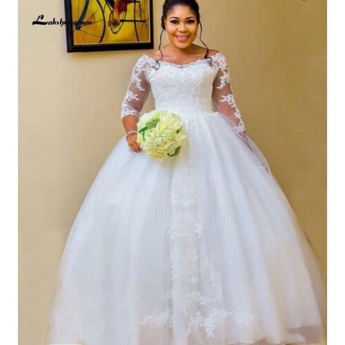 Lakshmigown African White Wedding Gowns with Sleeves Plus Size Muslim Wedding Dress 2020 Vestidos de Noiva Lace Bridal Gown