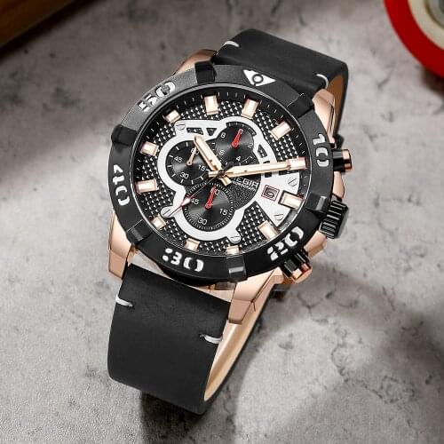 MEGIR Black Chronograph Sport Watch for Men with Leather Strap Man Quartz Wristwatches Clock Dropshipping Relojes Para Hombre