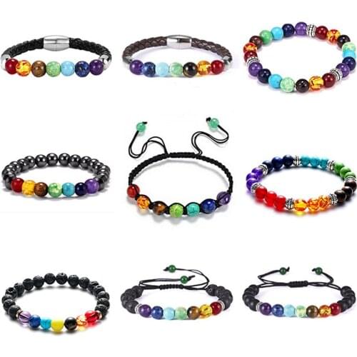 Fashion retro beads seven chakra natural stone leather ladies handmade jewelry woven bracelet bracelet fashion accessories
