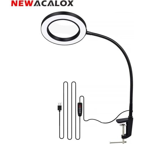 NEWACALOX USB 3X/5X Magnifying Glass Table Clamp Magnifier with LED Light Flexible Desk Lamp for Reading Working Welding Work
